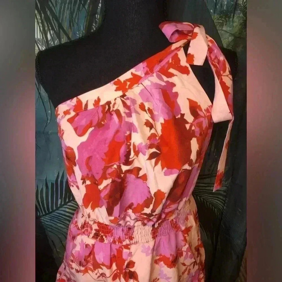 Pink and Red Floral Tie Front One Shoulder Knee-Length Sundress - Picture 7 of 12